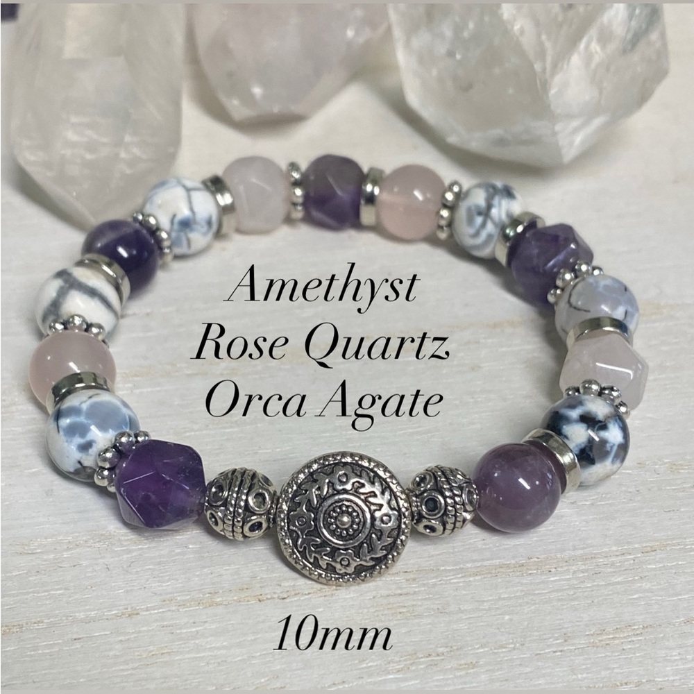 Boho Style Amethyst, Rose Quartz and Orca Agate Gemstone Stretch Bracelet